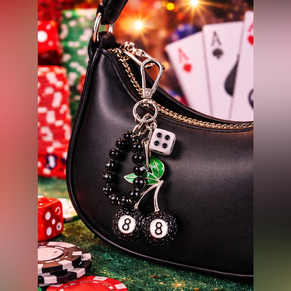 Urban Outfitters 8 Ball Cherry Bag Charm 🍒 Keychain Purse Accessory - Picture 3 of 4